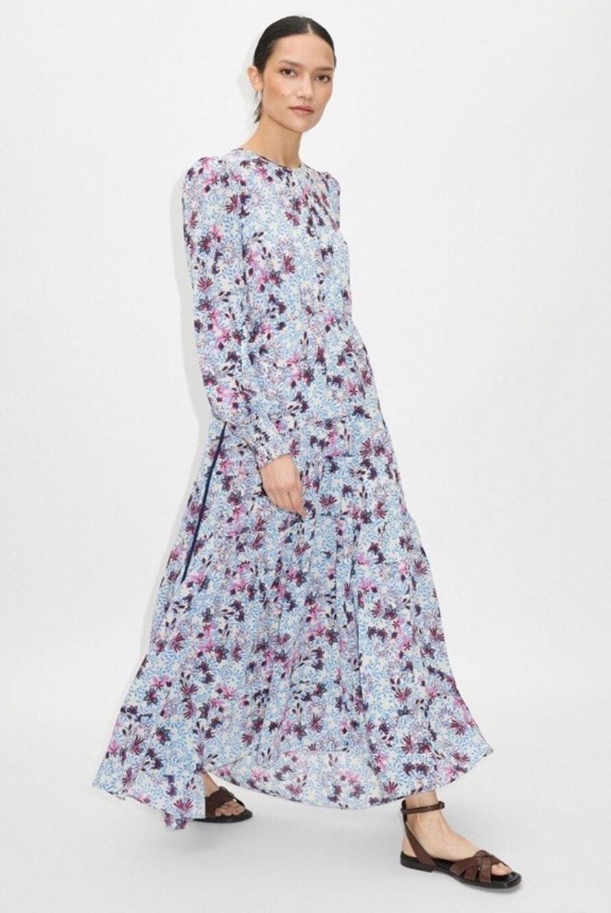 ME+EM Wild Meadow Floral Print Tiered Maxi Dress Blue Pink US 6